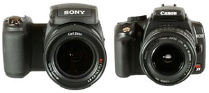 Sony Cyber-shot DSC-R1 and Canon EOS 350D front view