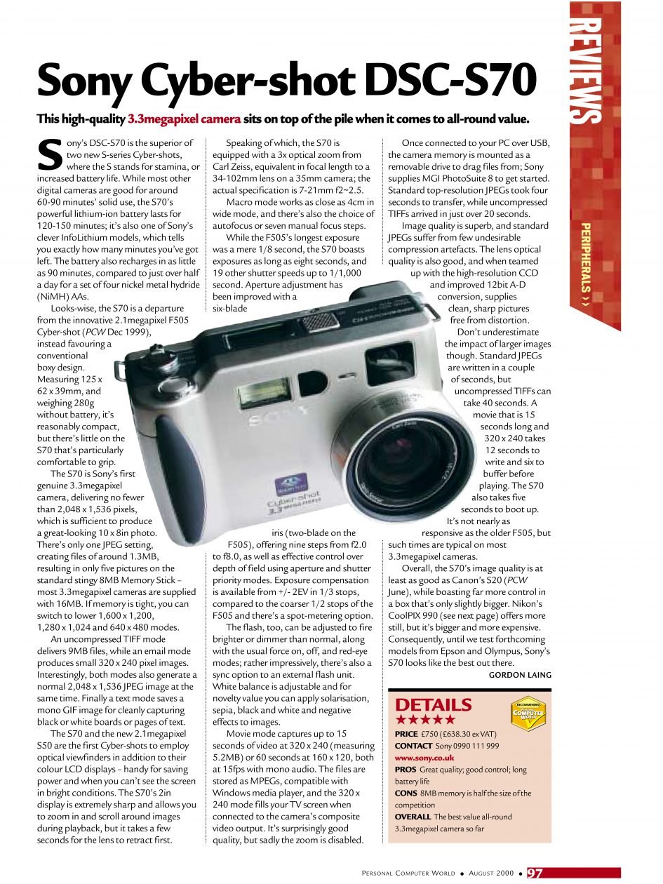 Sony S70 review in Personal Computer World UK magazine August 2000