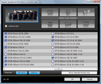 Canon 50D - peripheral correction lens selection in EOS Utility