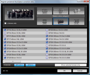 Canon 5D Mark II - peripheral correction lens selection in EOS Utility