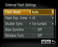 Canon PowerShot SX20 IS - external flash settings