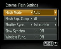 Canon PowerShot SX20 IS - external flash settings