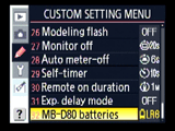 Nikon D80 MB-D80 battery selection menu