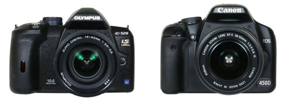 from left: Olympus E-520 and Canon 450D / XSi - front view