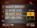 Panasonic L1 Burst Rate menu