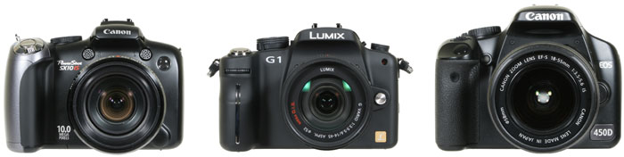 Panasonic Lumix DMC-G1 with Canon SX10 IS and EOS 450D / XSi - front view