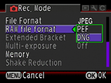 Pentax K10D RAW formats screen