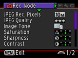 Pentax K10D Record Menu screen