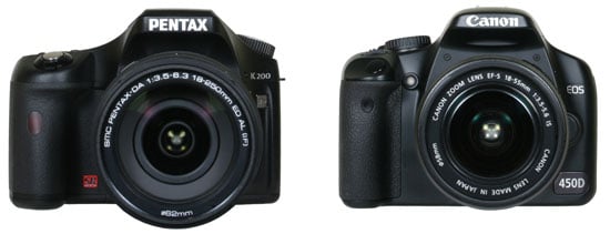 Pentax K200D and Canon 450D / XSi front view
